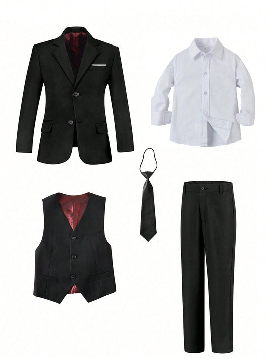 Tween Boy Back-To-School Season 5pcs/Set Black Suit , Including Suit Vest, Pocket Shirt, Pants, And Tie