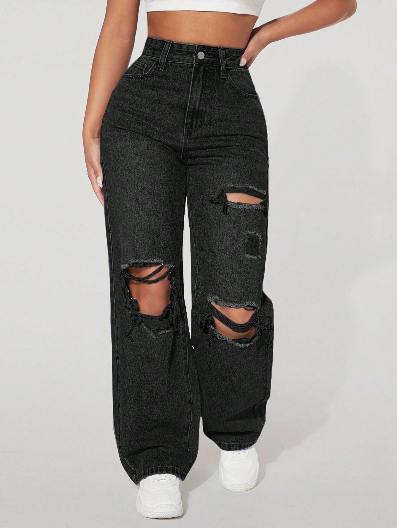 High Waist Ripped Straight Leg Jeans