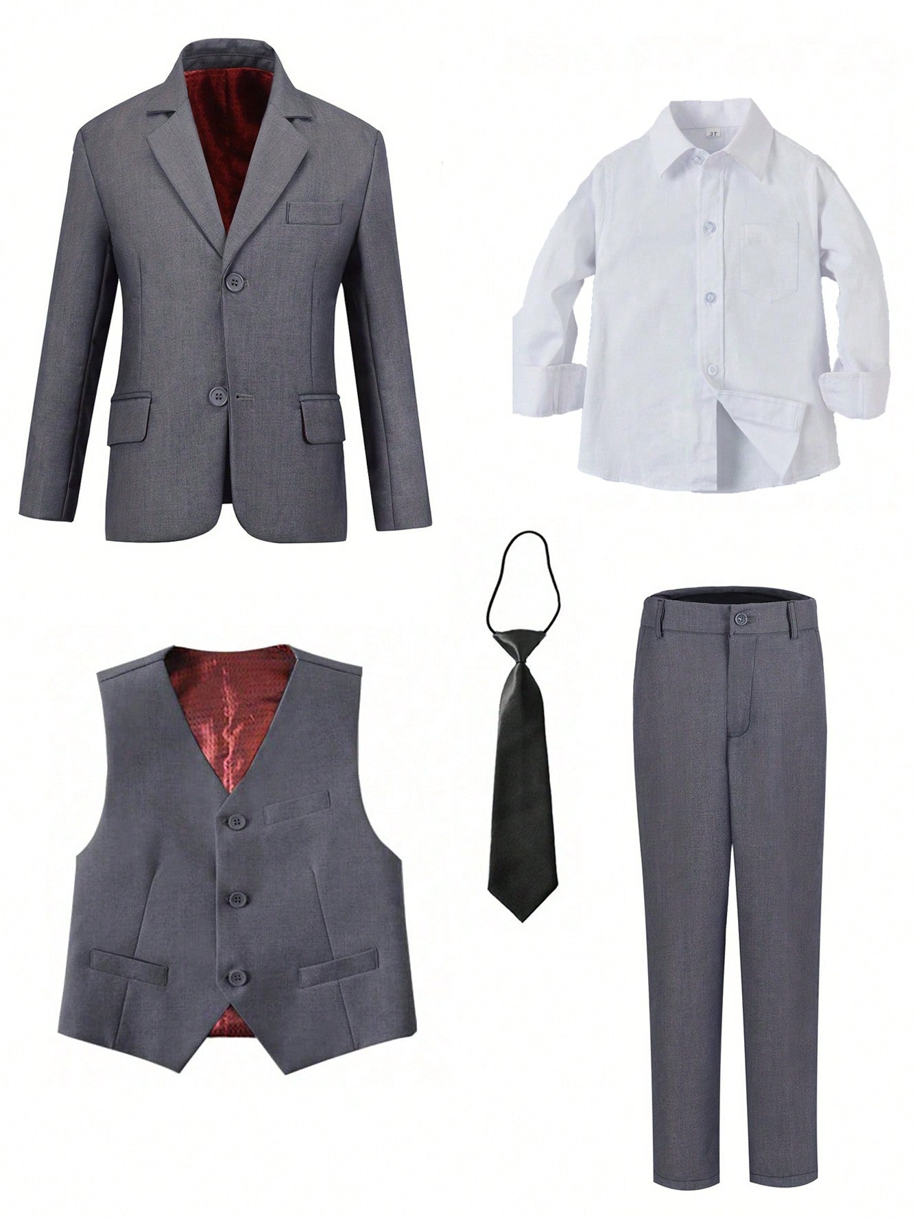 Back To School Season Tween Boy Grey 5-Piece Suit Set With Vest, Pocket Square, Shirt, Pants, And Tie