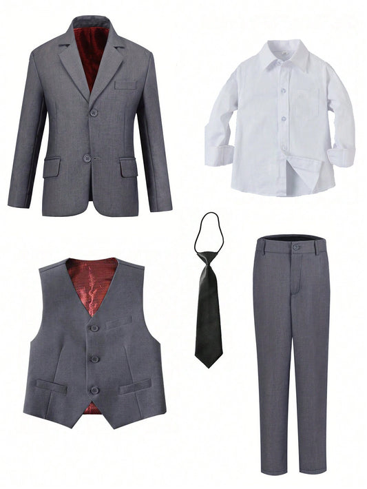 Back To School Season Tween Boy Grey 5-Piece Suit Set With Vest, Pocket Square, Shirt, Pants, And Tie