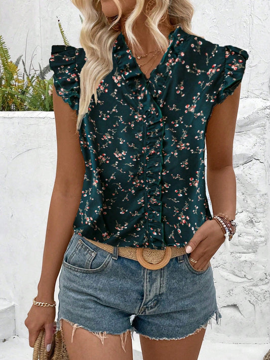 Frenchy Women Casual Shirt With Ditsy Floral Print And Ruffled Edge Decoration For Summer