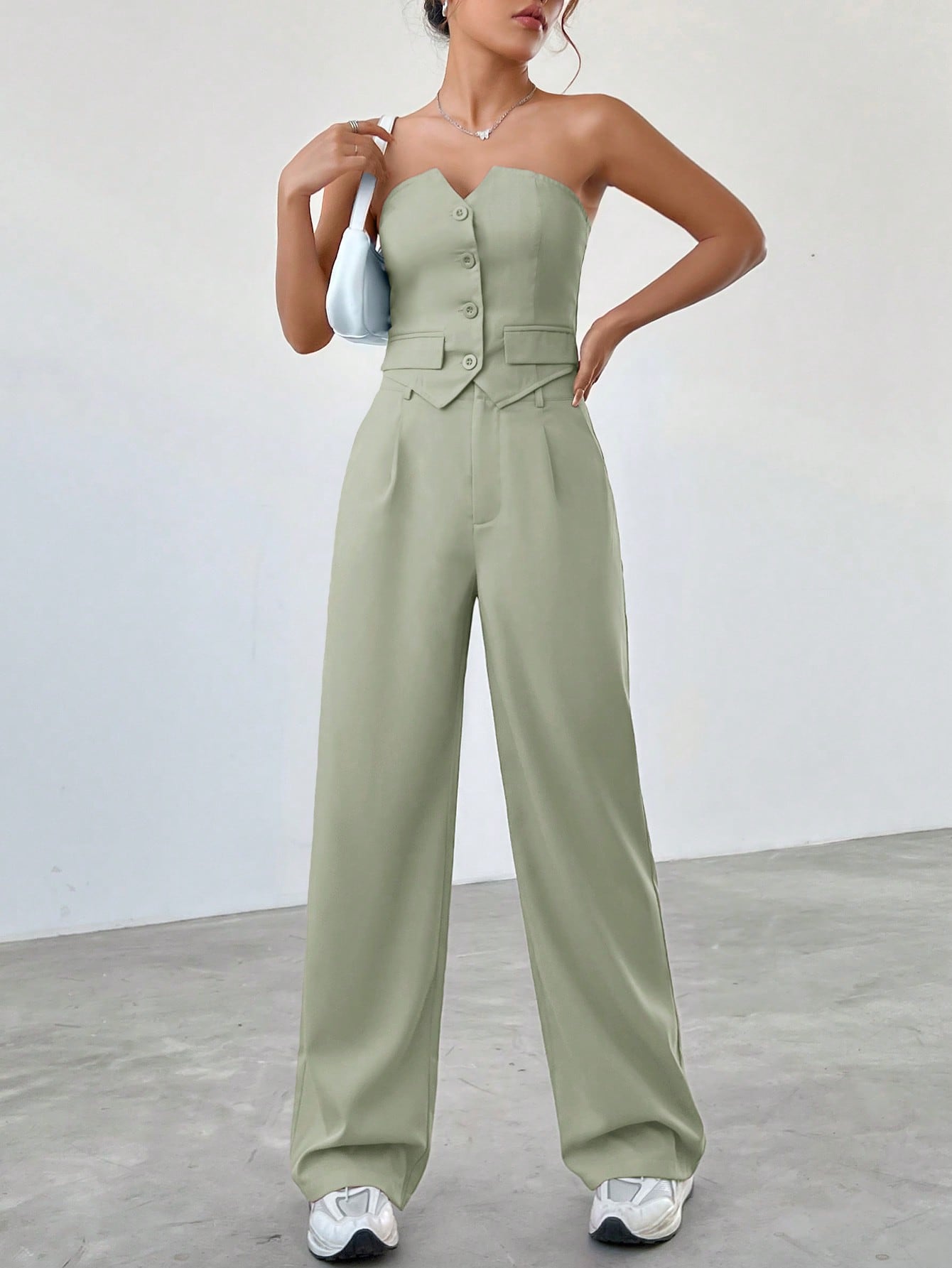 Women Summer Loose Casual Two-Piece Set With Single-Breasted Bustier With Asymmetrical Hem And Pleated Pants