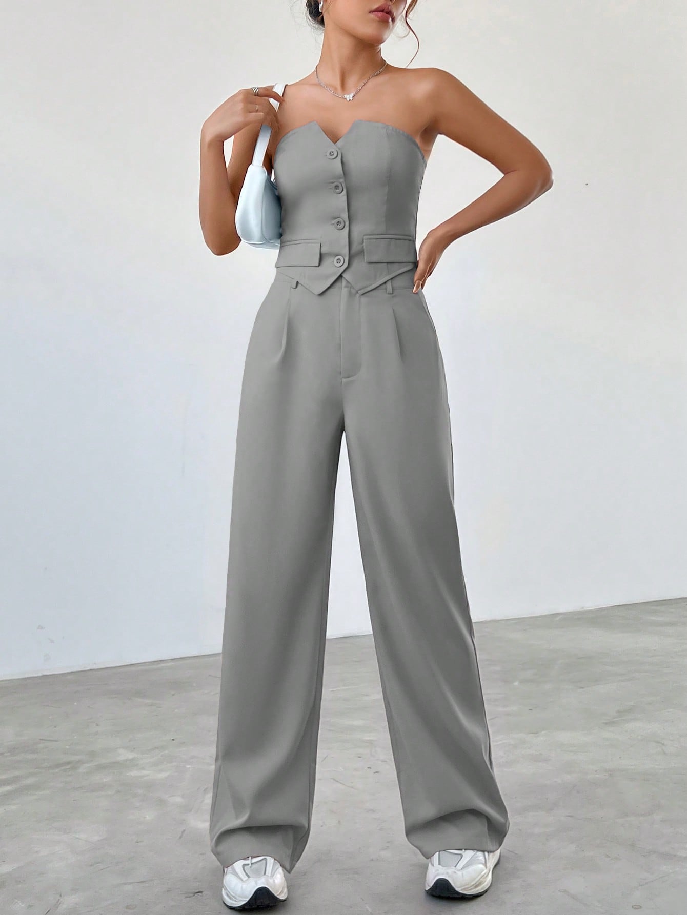 Women Summer Loose Casual Two-Piece Set With Single-Breasted Bustier With Asymmetrical Hem And Pleated Pants