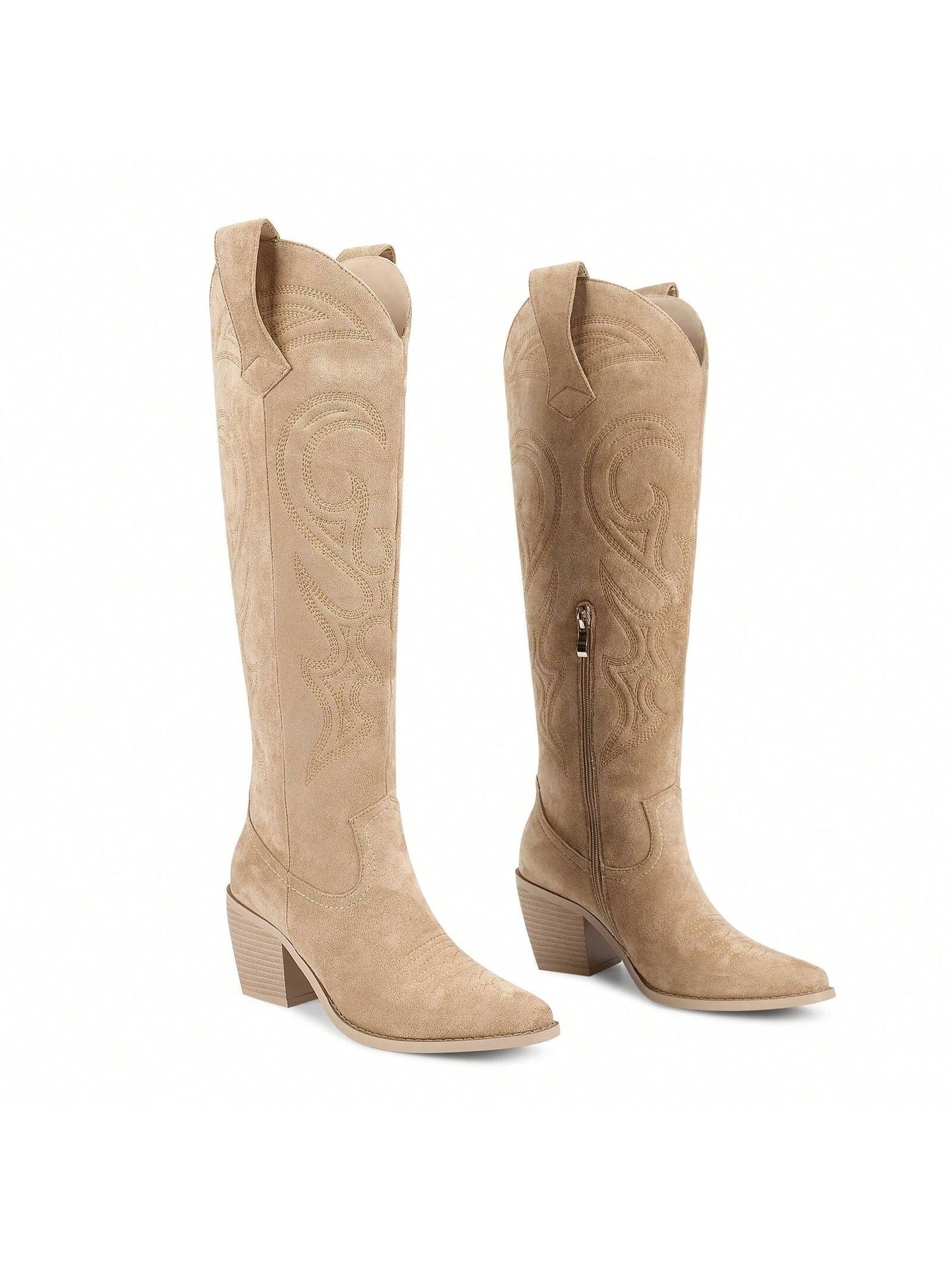 ISNOM Knee High Cowboy Cowgirl Boots For Women, With Unique Embroidery, Side Zipper And Chunky Heel Design