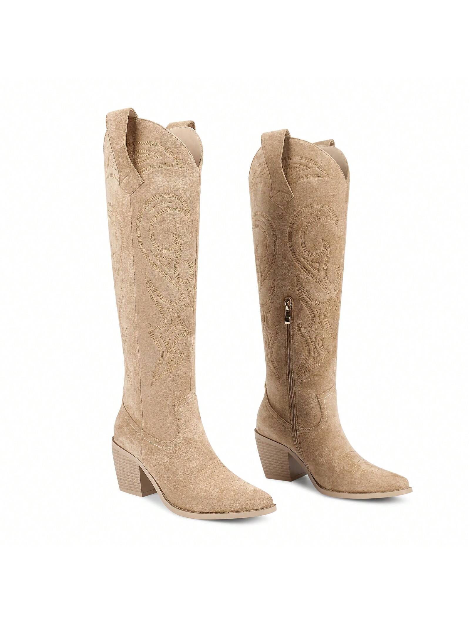 ISNOM Knee High Cowboy Cowgirl Boots For Women, With Unique Embroidery, Side Zipper And Chunky Heel Design