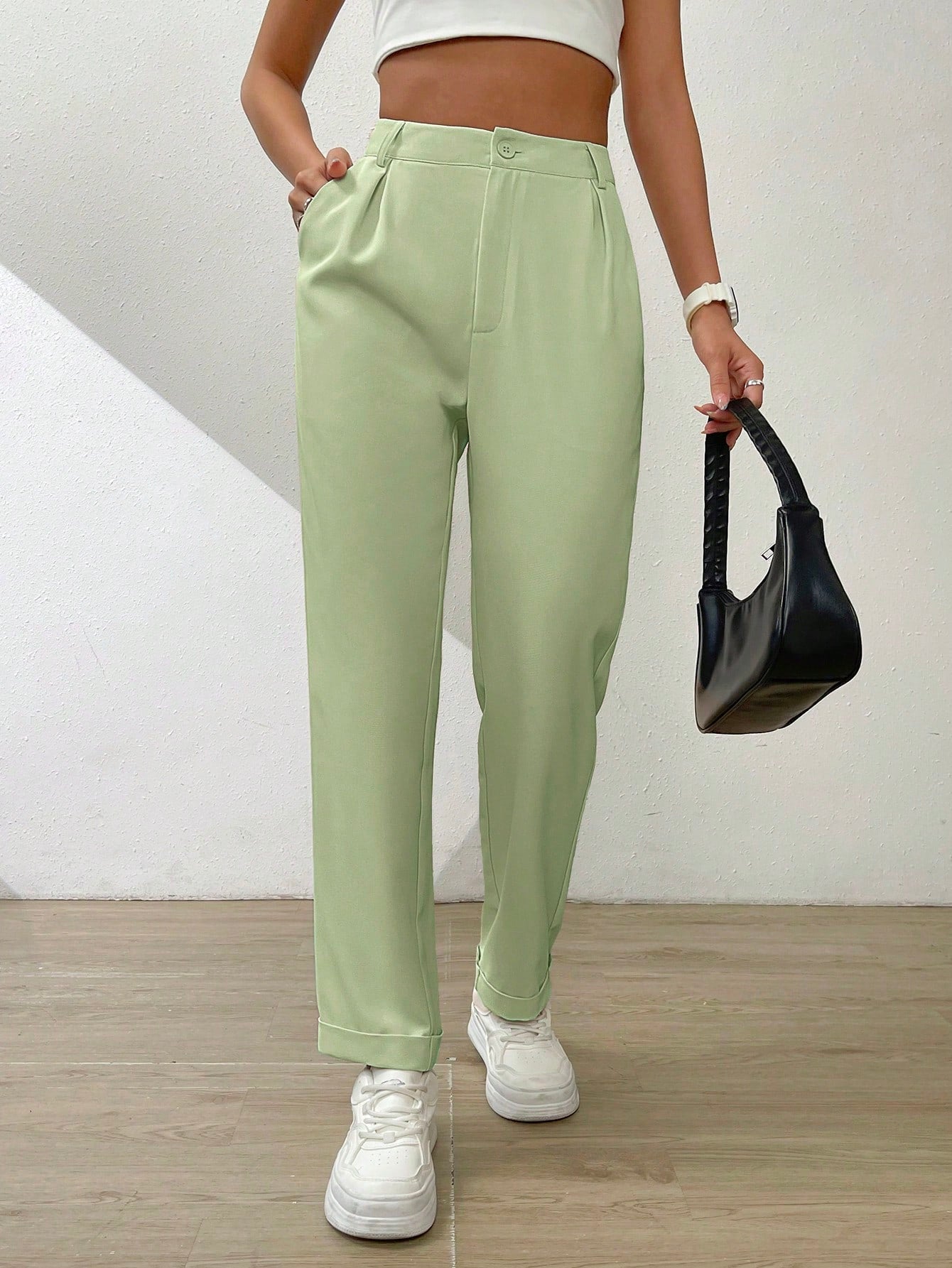 Solid Fold Pleated Slant Pocket Pants