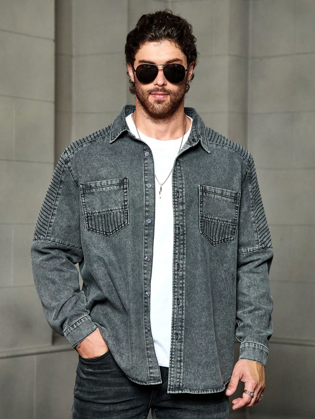 Men Plus Size Dark Grey Simple Style Casual Denim Shirt Oversize Long Sleeve Button Up  Plain Denim Shirt