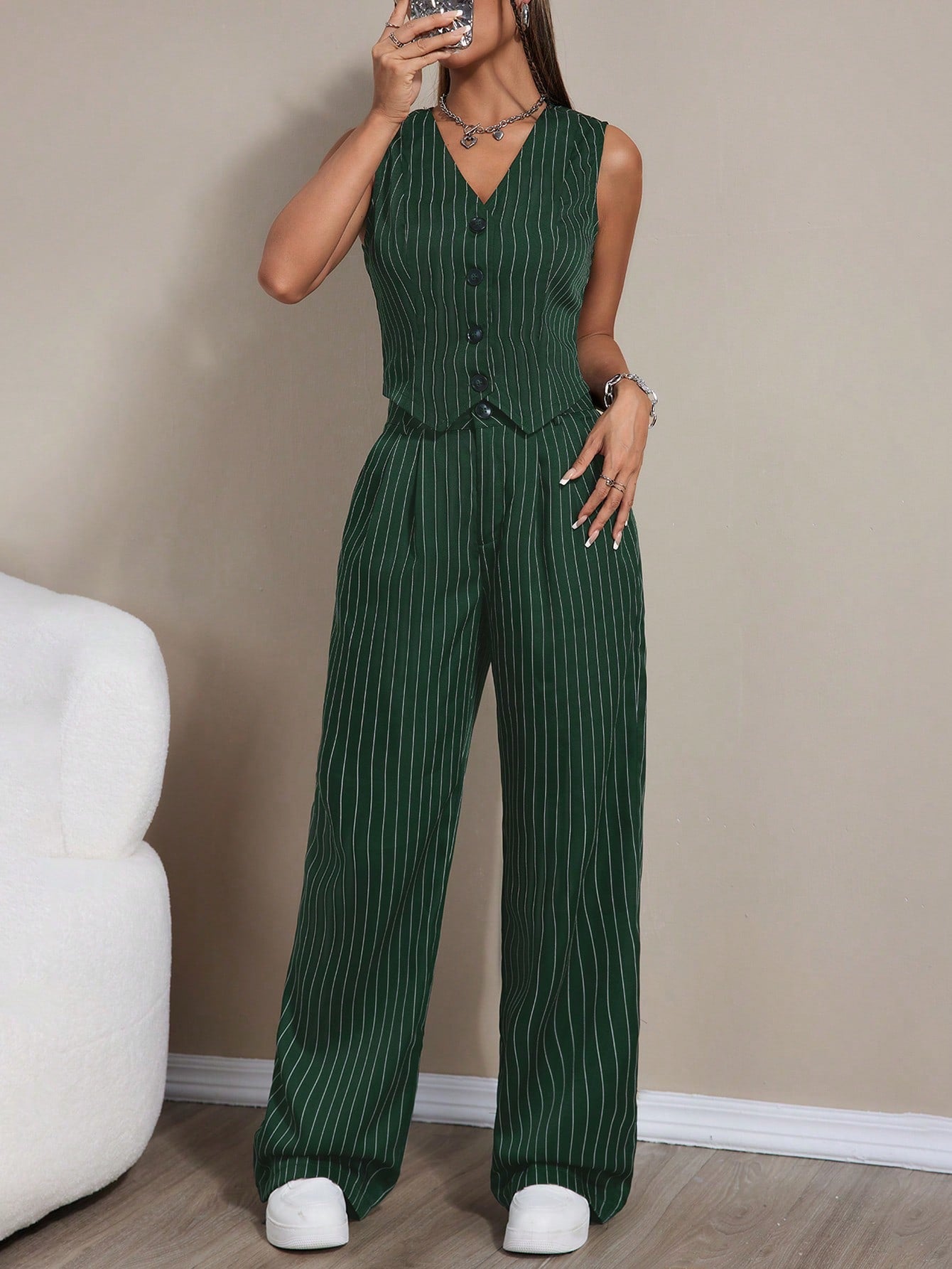 Women Summer Striped Single-Breasted Suit Vest And Pants Loose Casual Daily Workwear Set