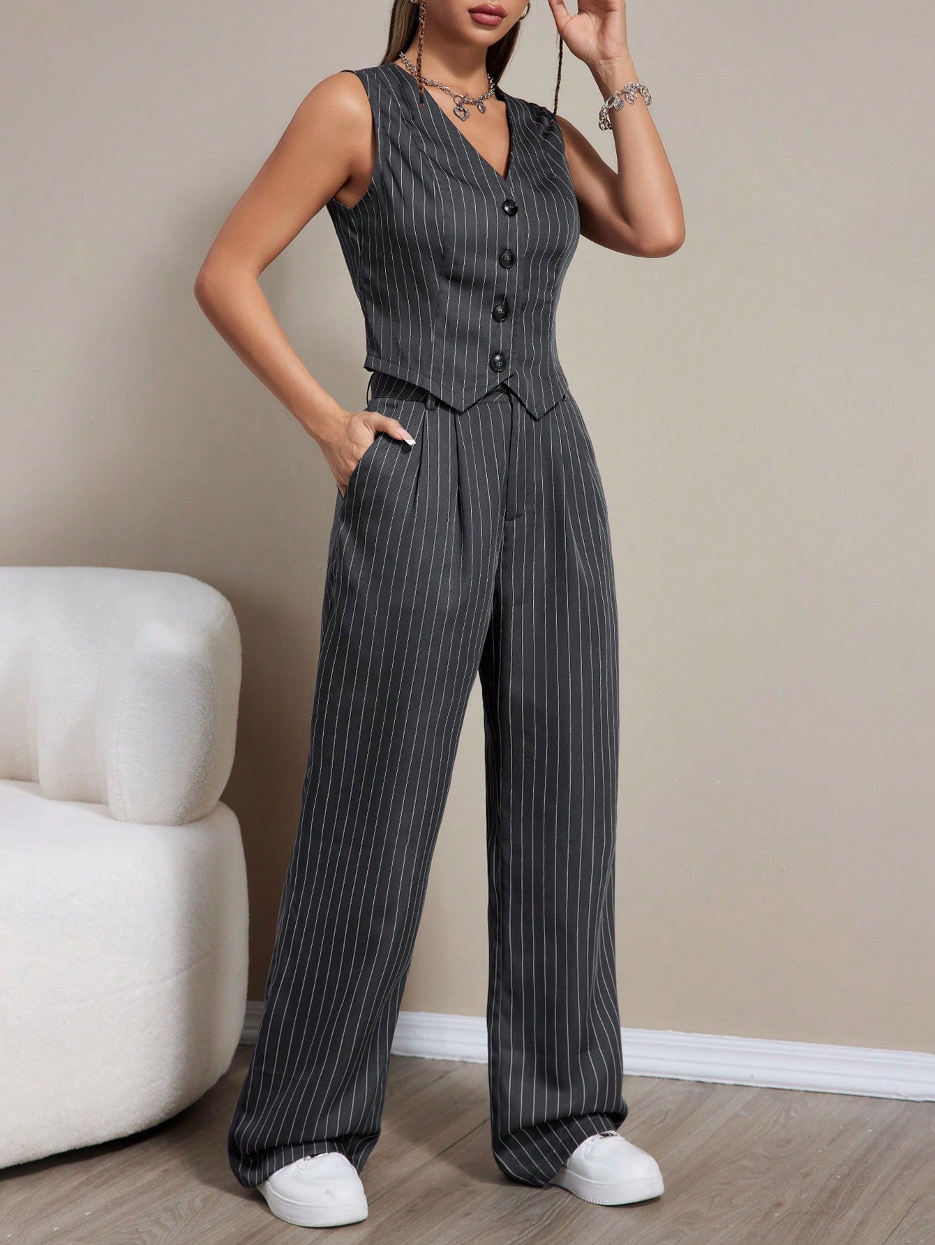 Women Summer Striped Single-Breasted Suit Vest And Pants Loose Casual Daily Workwear Set