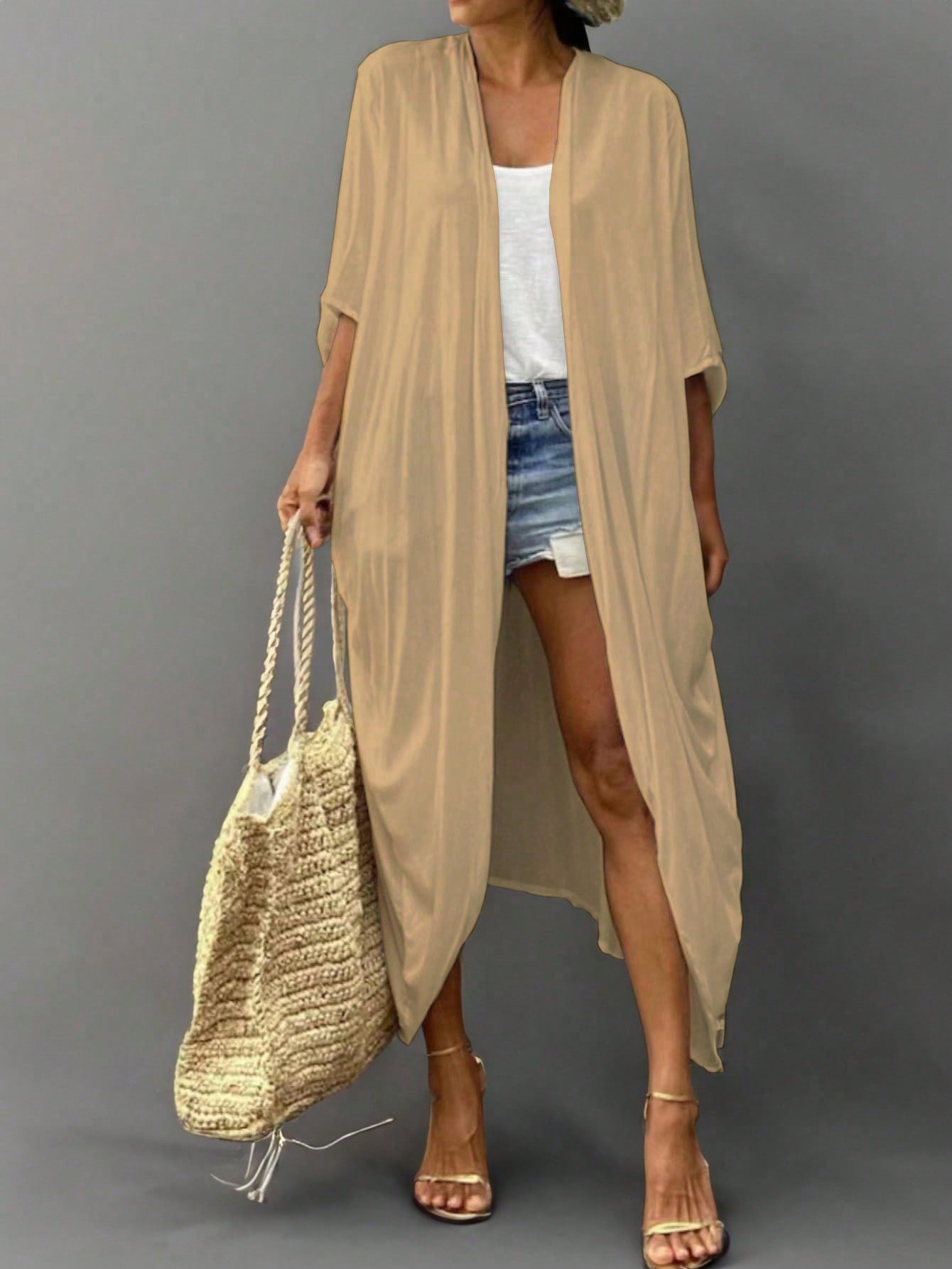 Women Summer Beach Vacation Plain Color Batwing Sleeve Long Loose Kimono