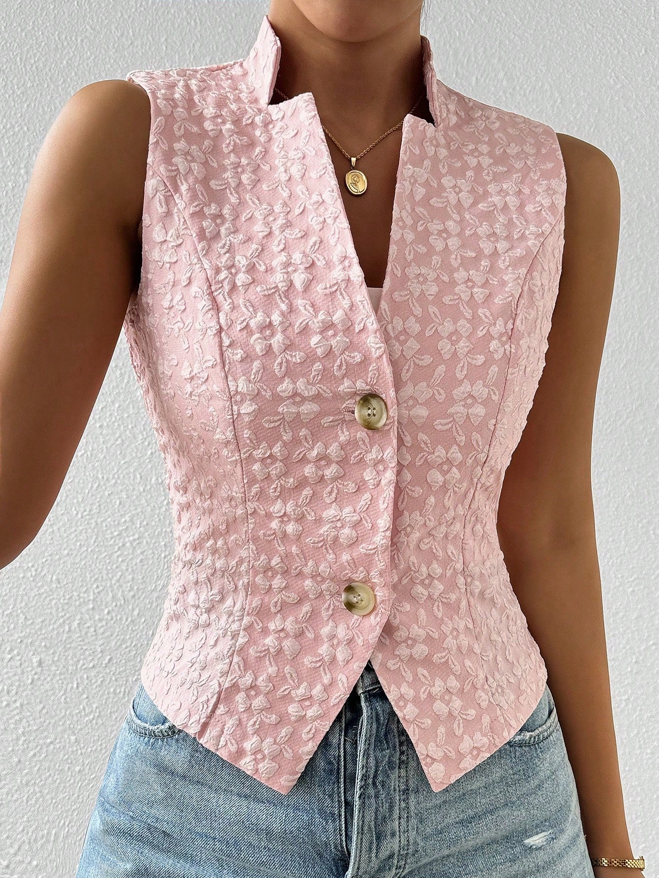 Women Fashion Textured Jacquard V-Neck Vest Blazer Jacket   Summer Outfits