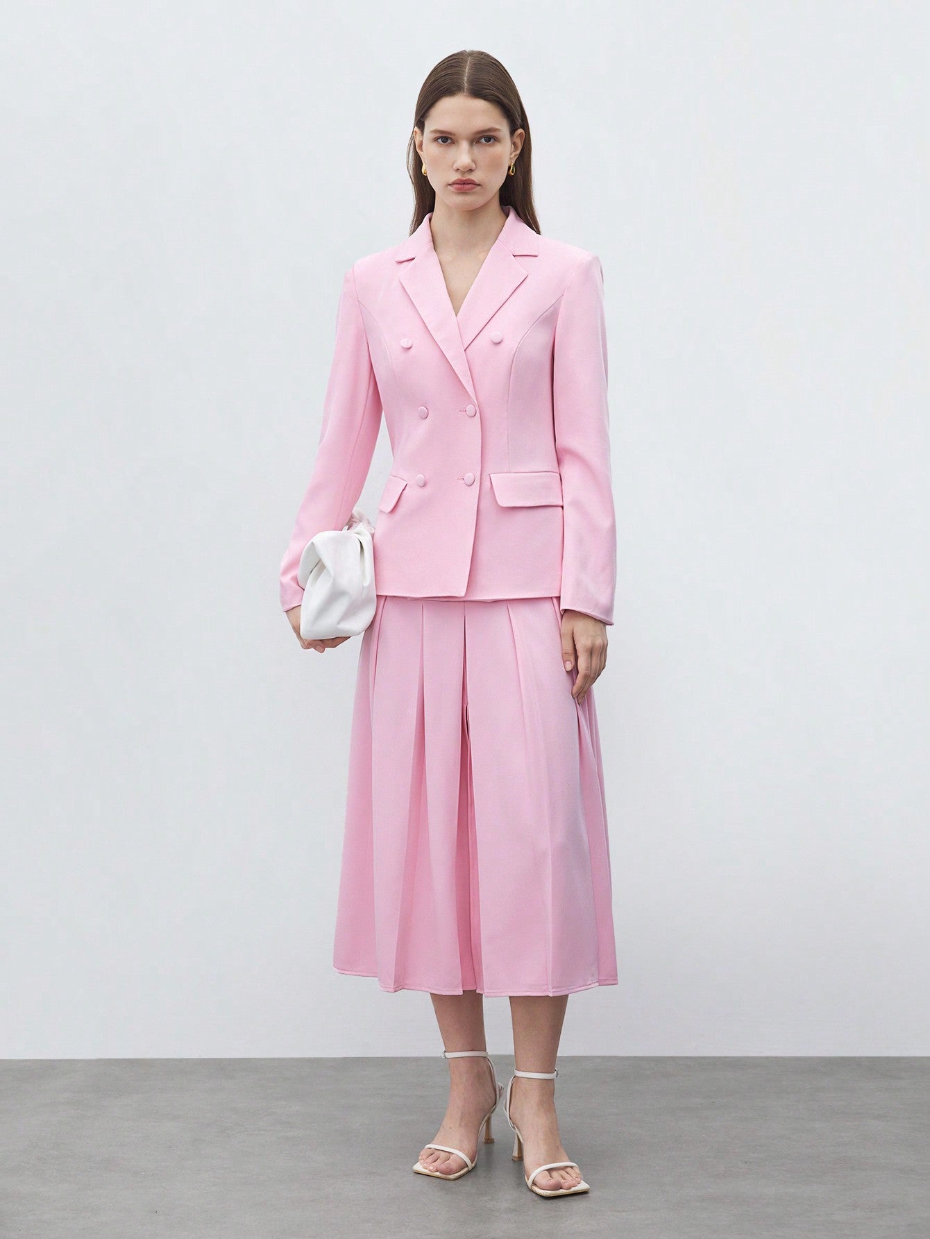 BIZwear Women's Pink Blazer With Mottled Collar And Long Sleeves, And Elegant Business Suit With Pleated Skirt For Spring And Autumn