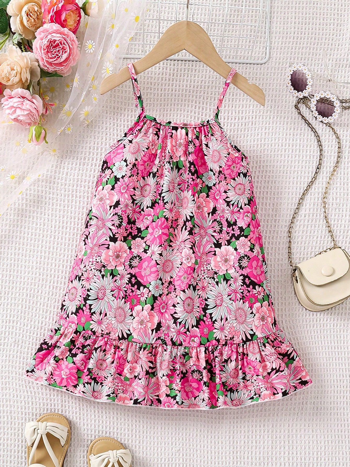 Young Girl Fashionable Floral Printed Dress With Ruffle Hem And Crossed Straps, Summer Beach Vacation