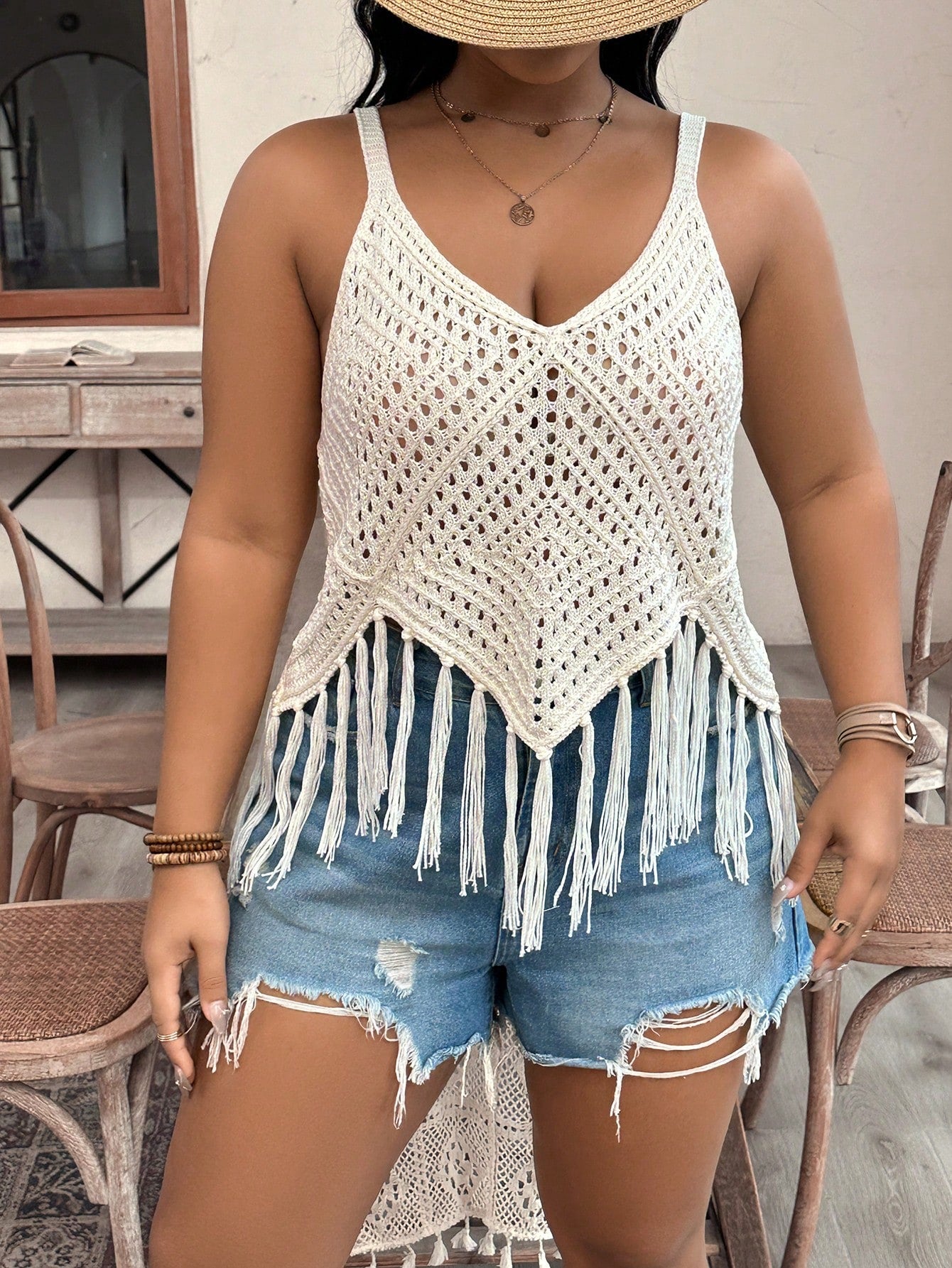 Plus Size Women Patchwork Fringed Hem Hollow Out Spaghetti Strap Knit Top For Vacation