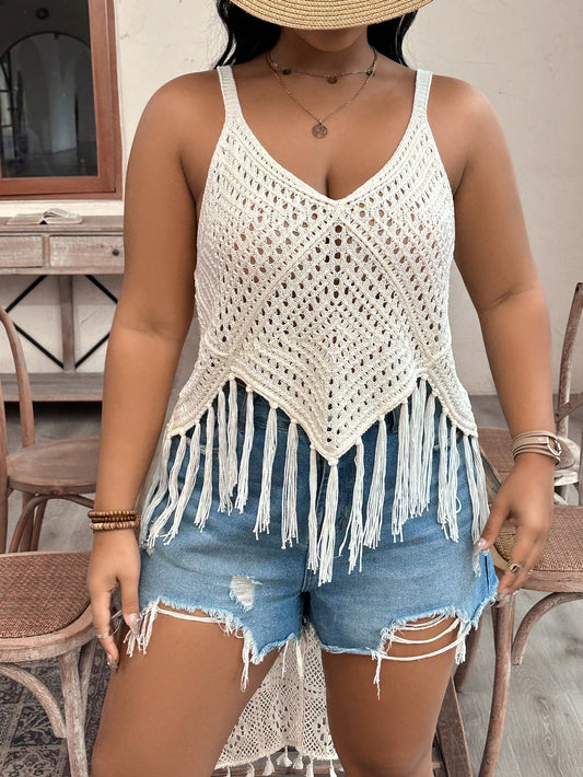 Plus Size Women Patchwork Fringed Hem Hollow Out Spaghetti Strap Knit Top For Vacation