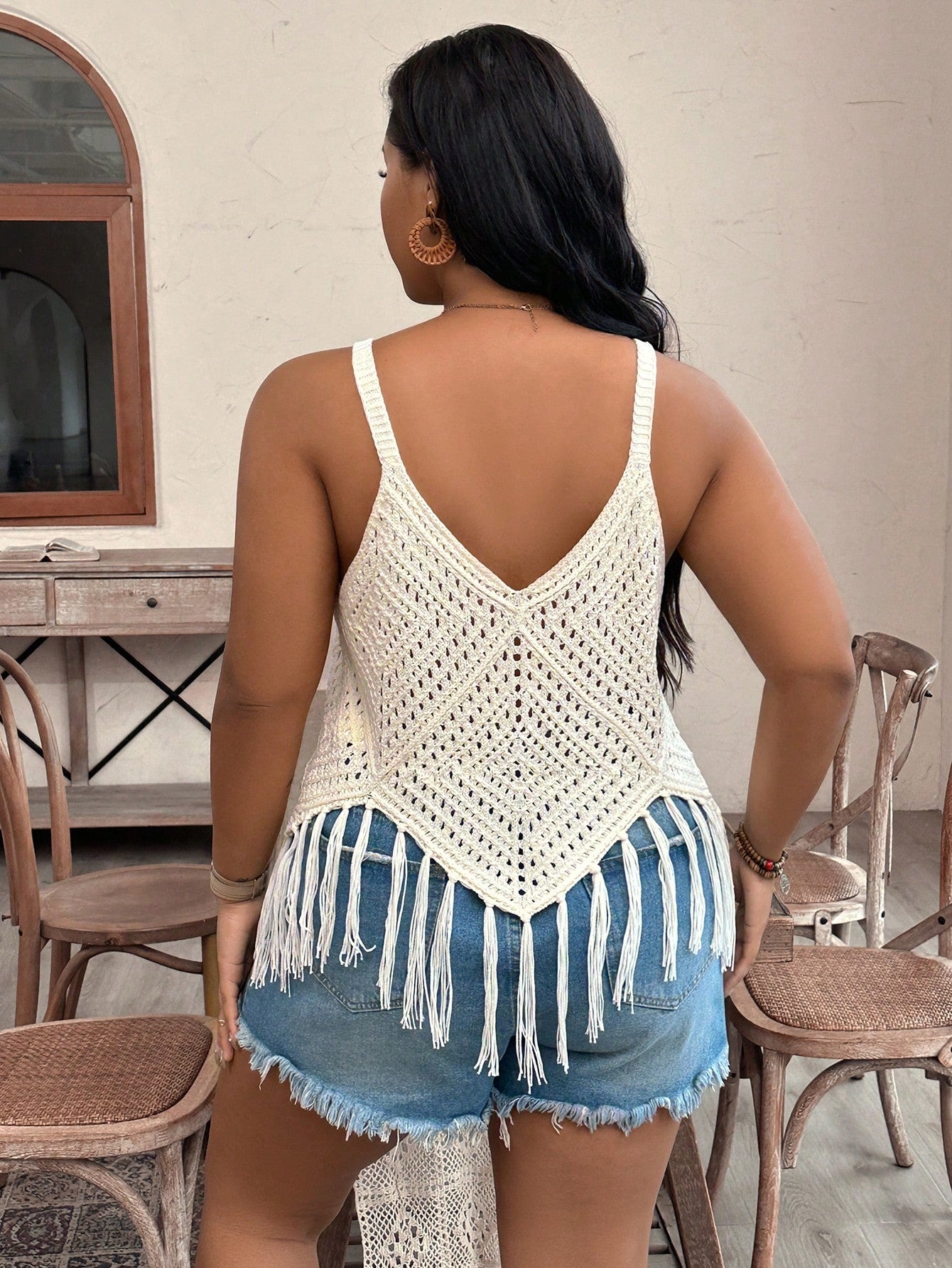 Plus Size Women Patchwork Fringed Hem Hollow Out Spaghetti Strap Knit Top For Vacation