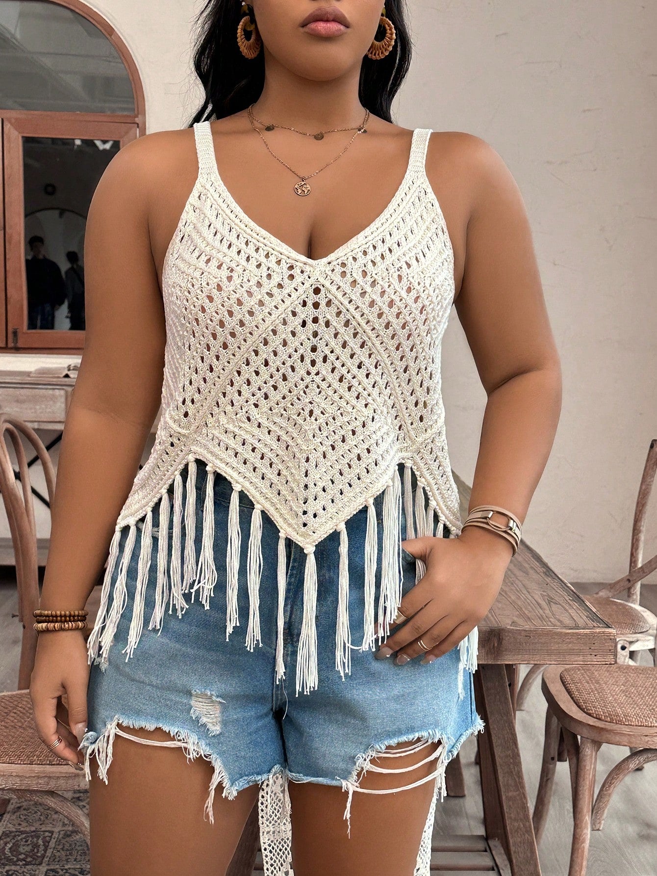 Plus Size Women Patchwork Fringed Hem Hollow Out Spaghetti Strap Knit Top For Vacation