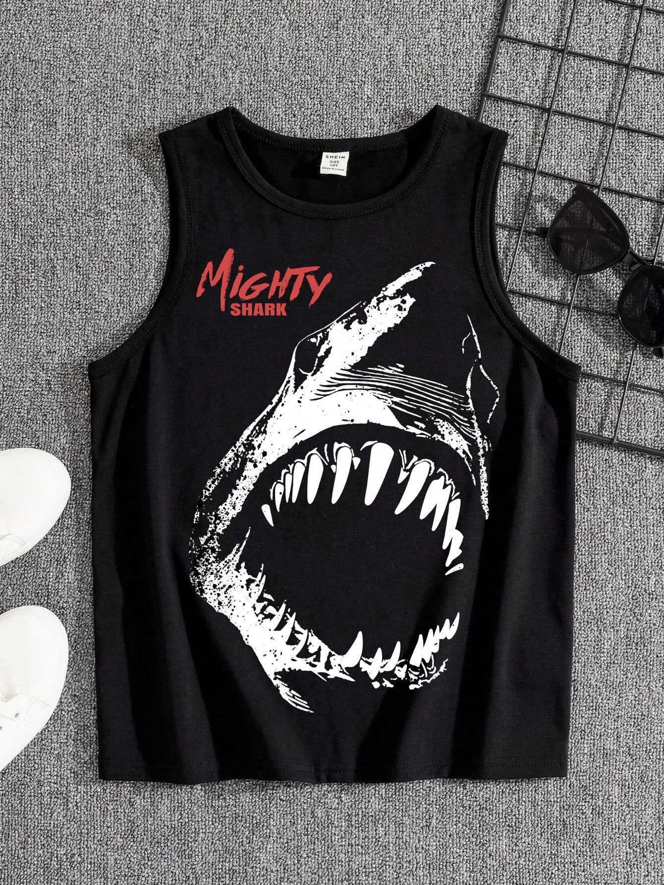 Tween Boy Casual Cartoon Shark Print Round Neck Sleeveless Tank Top Suitable For Summer