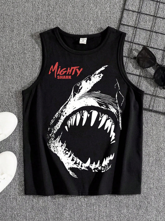 Tween Boy Casual Cartoon Shark Print Round Neck Sleeveless Tank Top Suitable For Summer