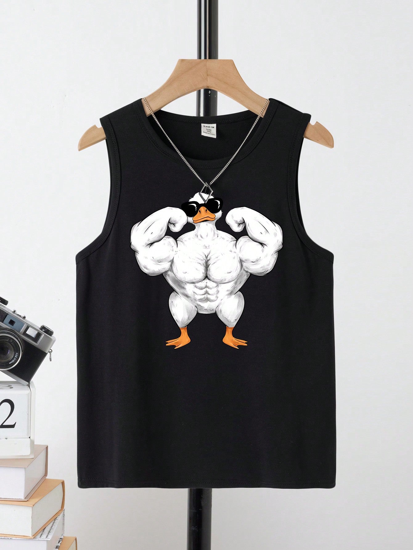 Tween Boy Casual Simple Cartoon Fun Strong Duck Pattern Round Neck Tank Top Suitable For Summer