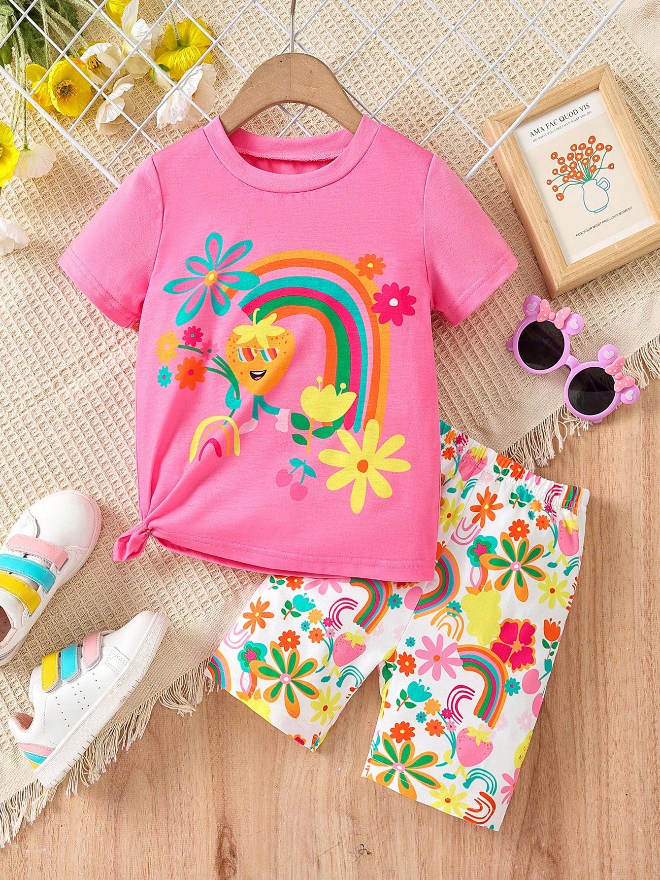 Young Girl Unicorn Printed Short Sleeve T-Shirt And Shorts Set, Summer