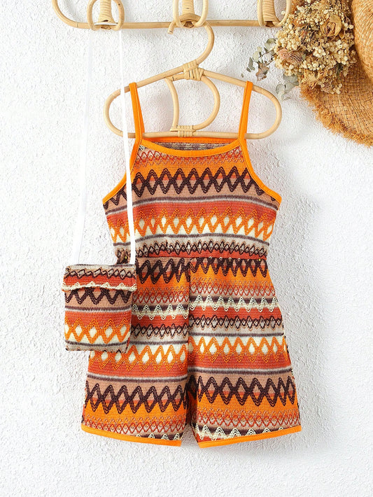 Young Girl Geo Print Cami Romper With Bag