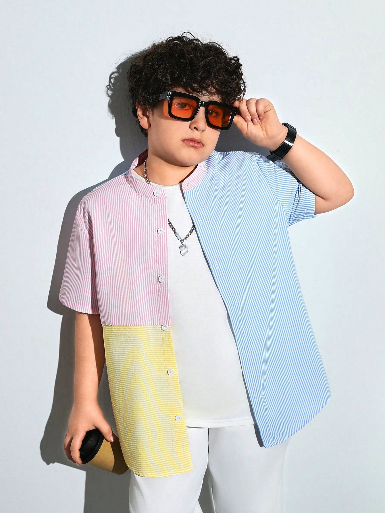 Tween Boys Extended Size Color Block Splicing Stand Collar Striped Short Sleeve Shirt