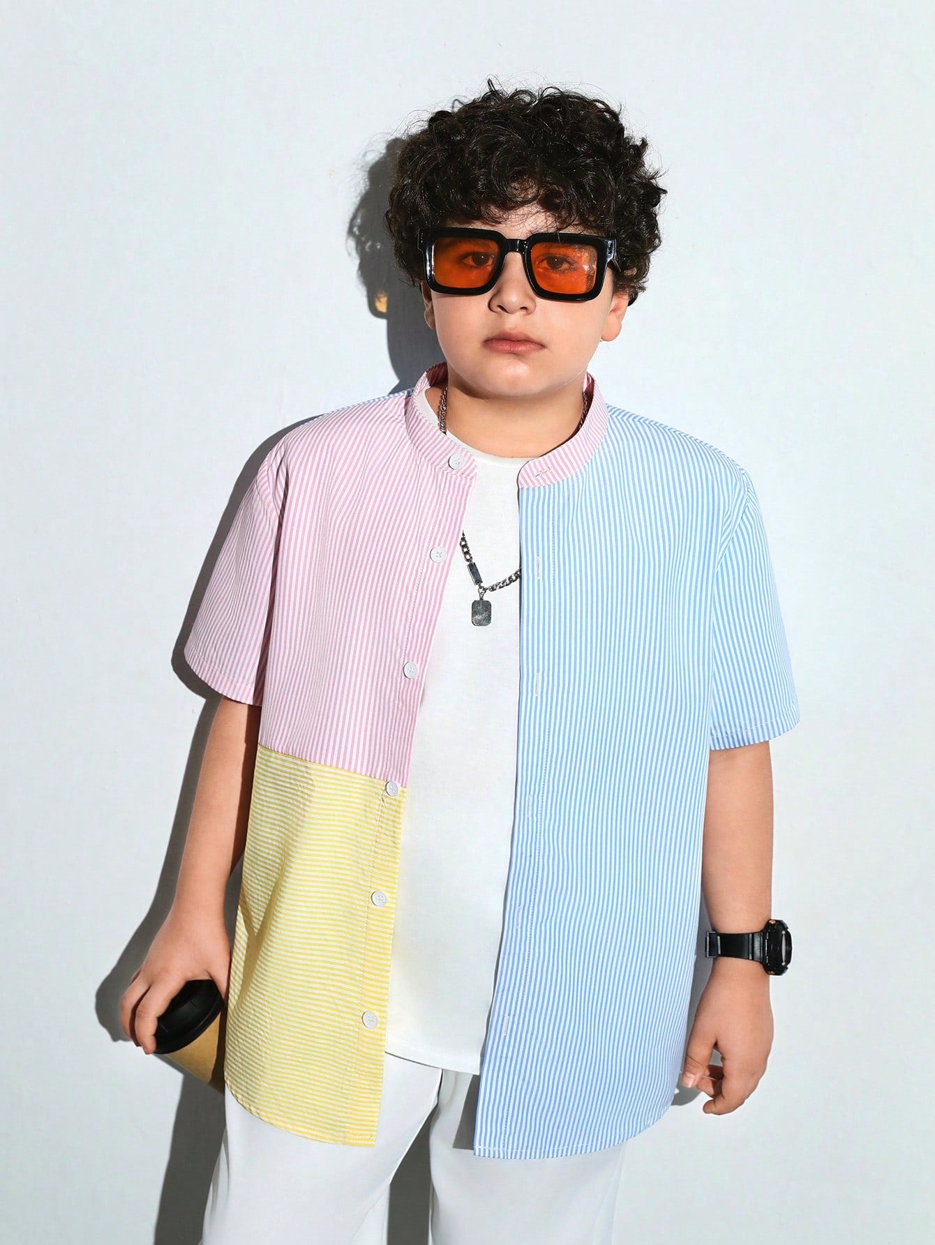 Tween Boys Extended Size Color Block Splicing Stand Collar Striped Short Sleeve Shirt