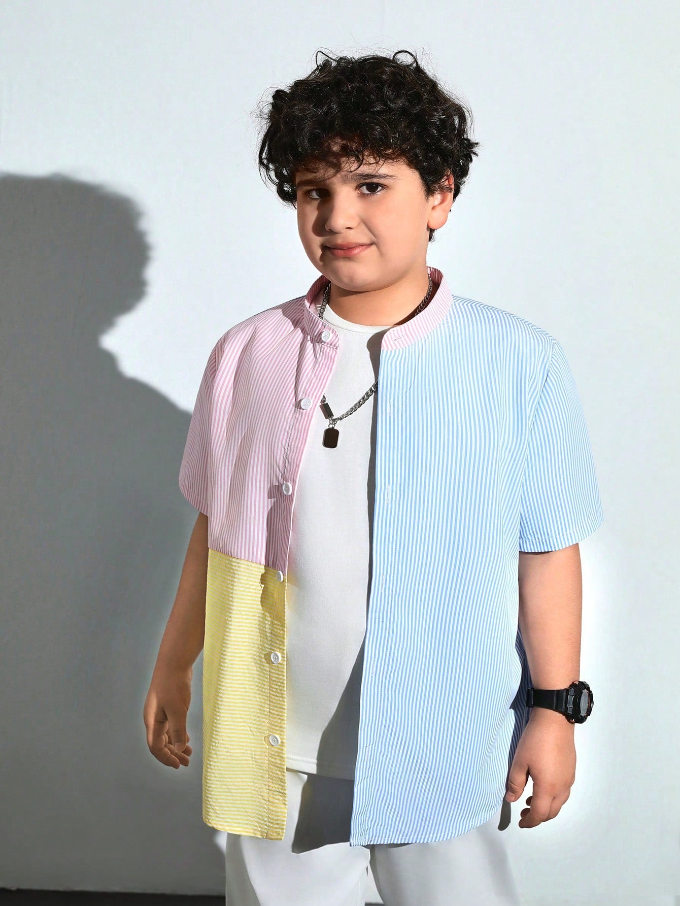 Tween Boys Extended Size Color Block Splicing Stand Collar Striped Short Sleeve Shirt