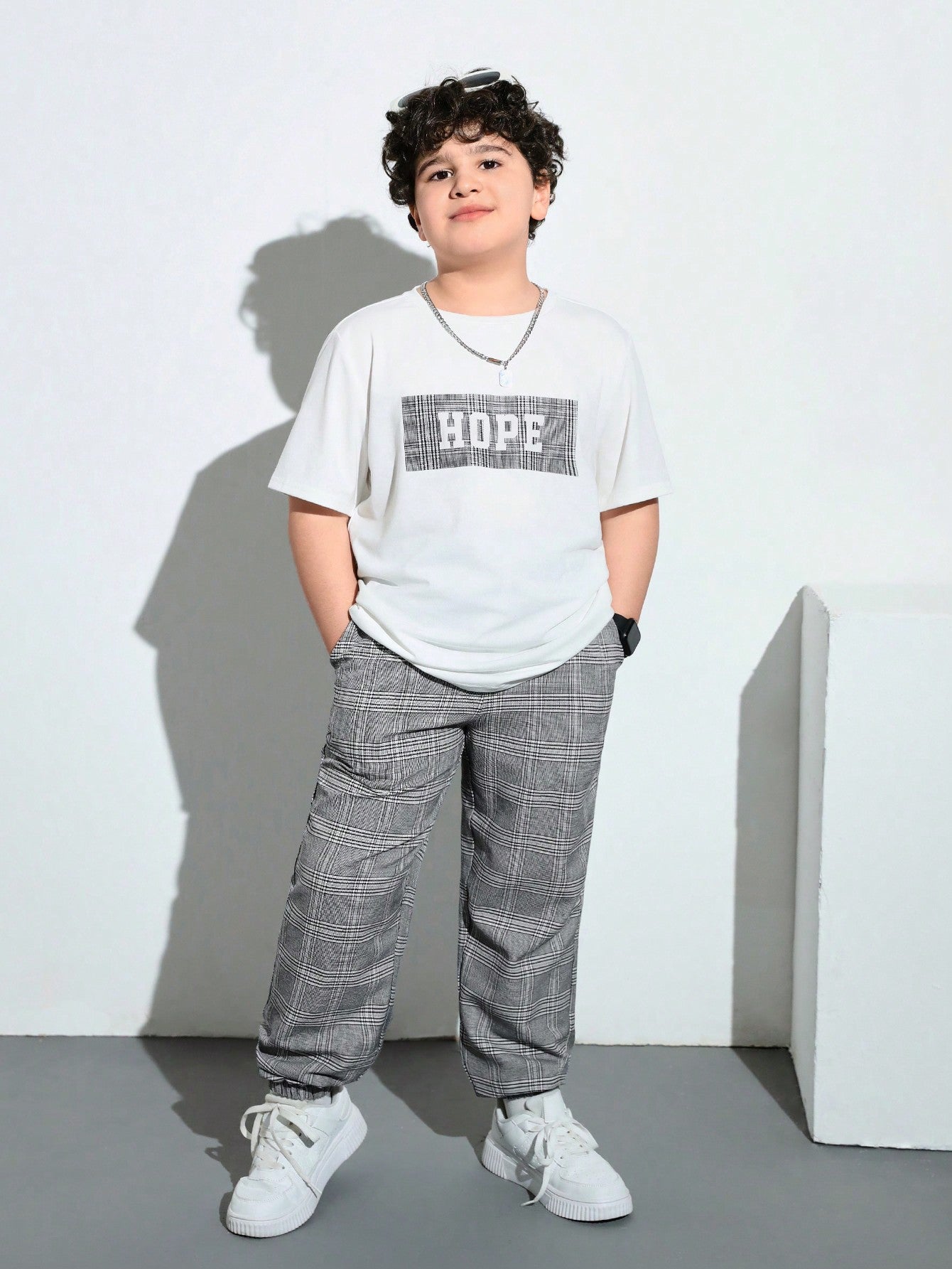 Tween Boys Extended Size Letter Print Short Sleeve T-Shirt & Plaid Pants 2pcs/Suit