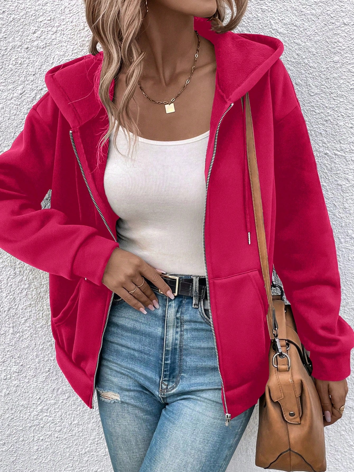 Frenchy Drop Shoulder Drawstring Zipper Hooded Jacket