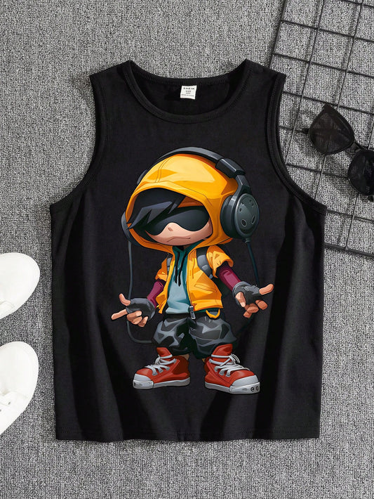 Tween Boy Casual Cartoon Music Pattern Round Neck Sleeveless Tee, Suitable For Summer