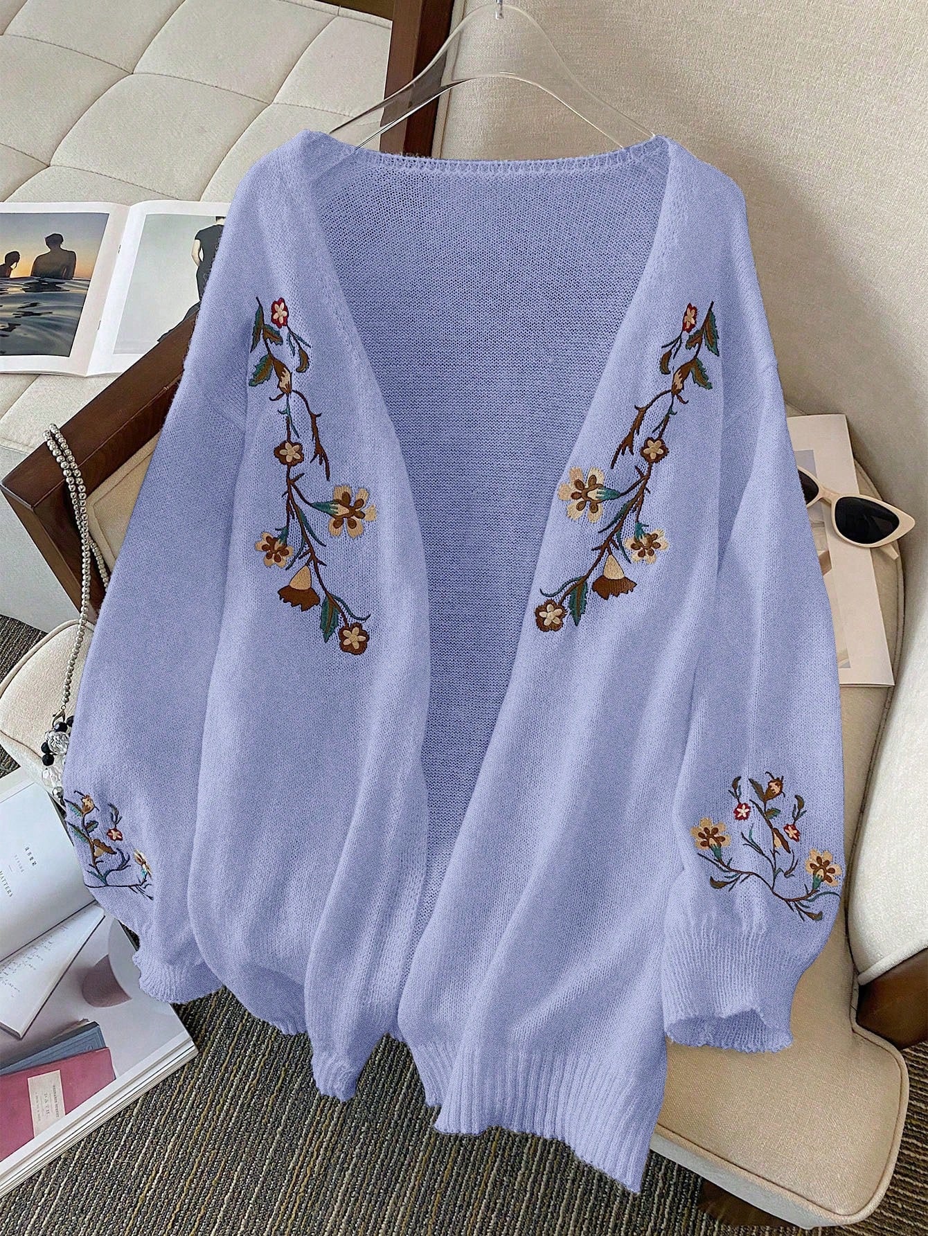 Plus Size Women's Floral Embroidery Drop Shoulder Long Sleeve Cardigan