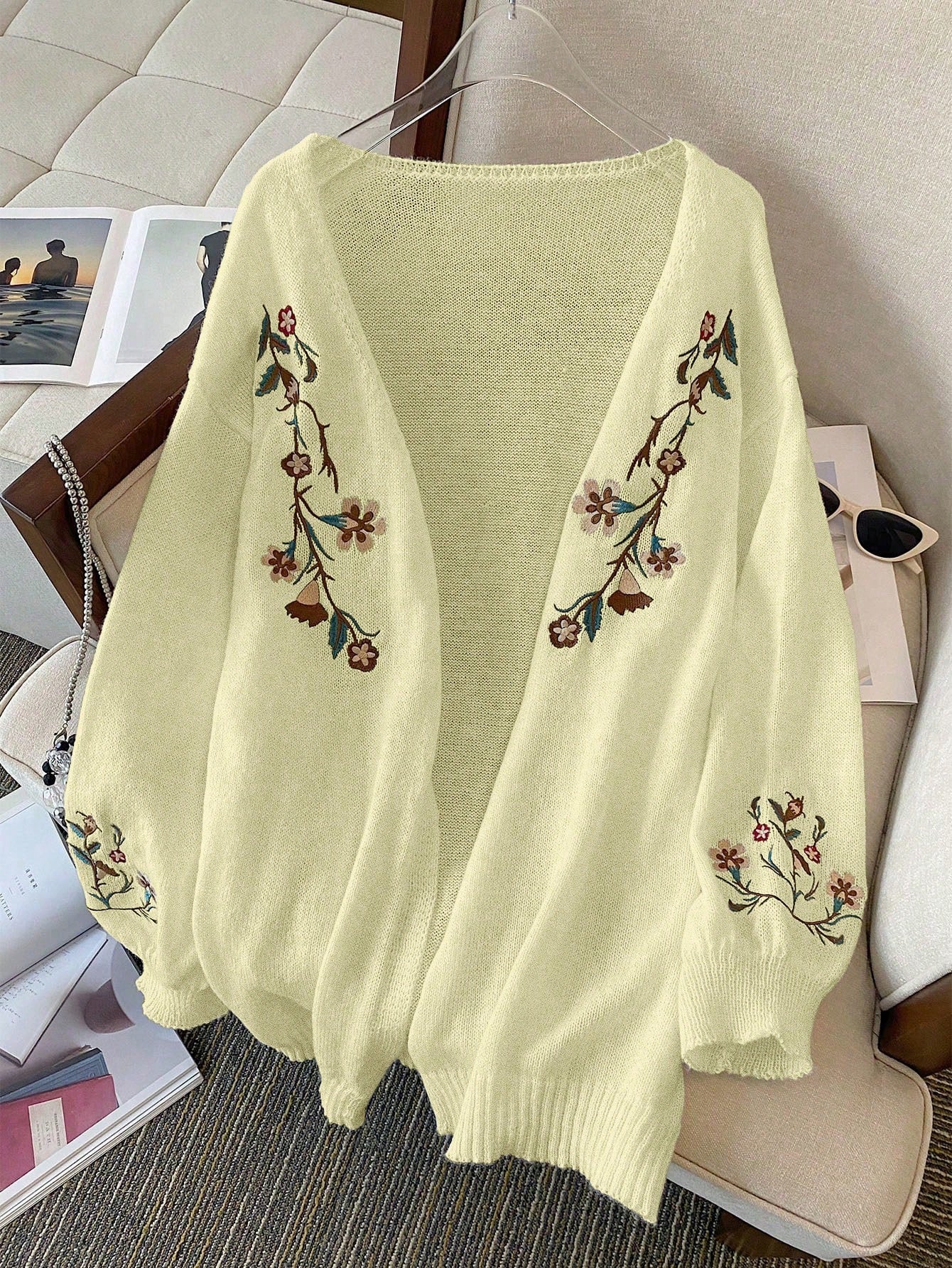 Plus Size Women's Floral Embroidery Drop Shoulder Long Sleeve Cardigan