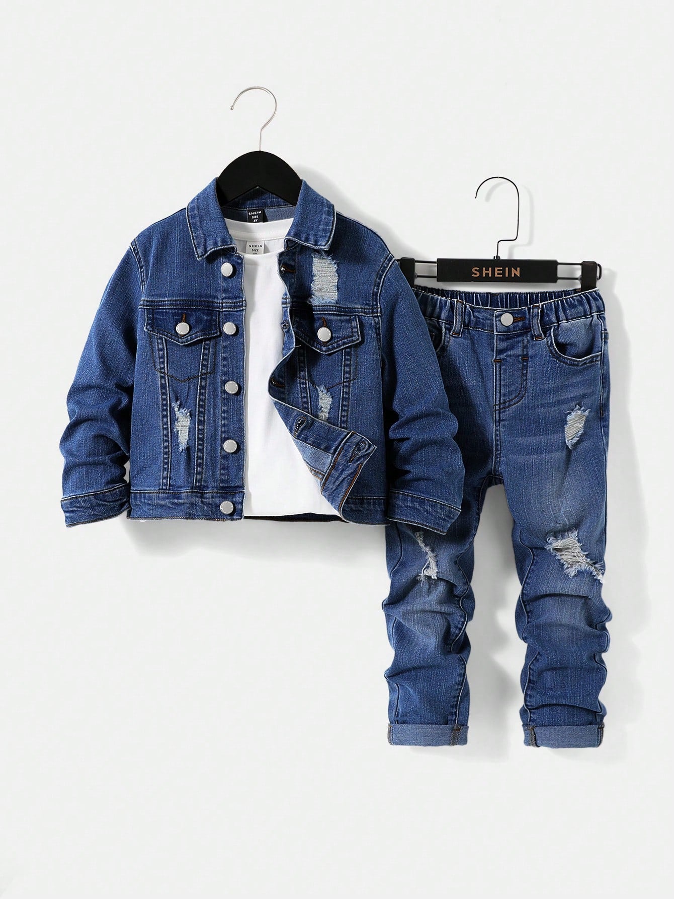 Young Boy 2pcs/Set Loose Fit Denim Jacket And Skinny Jeans Outfits