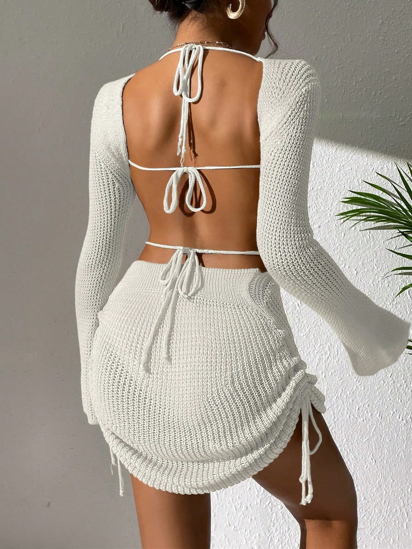 Swim Backless Drawstring Cover Up With Side Tie,Summer Beach