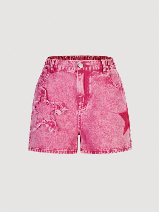 Teen Girl Y2K Sweet Cool Dopamine Pink Stone Wash Star Patchwork Elastic Waist Denim Shorts