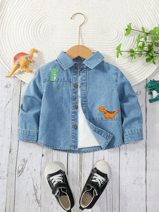 Young Boy Casual And Cute Dinosaur Pattern Light Blue Washed Denim Shirt Top For Daily Wear