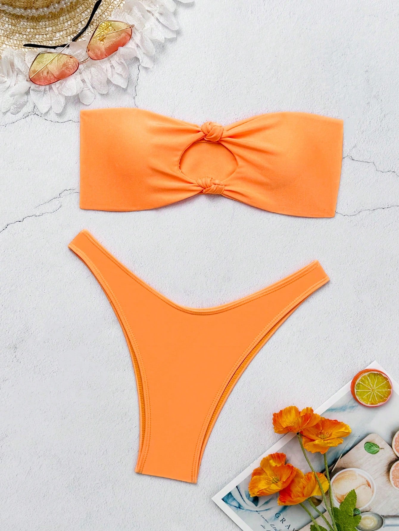 Swim Mod Summer Beach Solid Bikini Set Knot Decor Bandeau Top & High Cut Bottom 2 Piece Bathing Suit