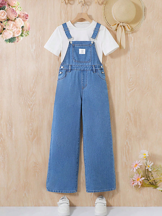 Tween Girl Y2K Spring Summer Casual Patched Detail Baggy Denim Overalls Jumpsuit Jeans Without Top, For Spring/Summer Outfits,Girls Denim Romper