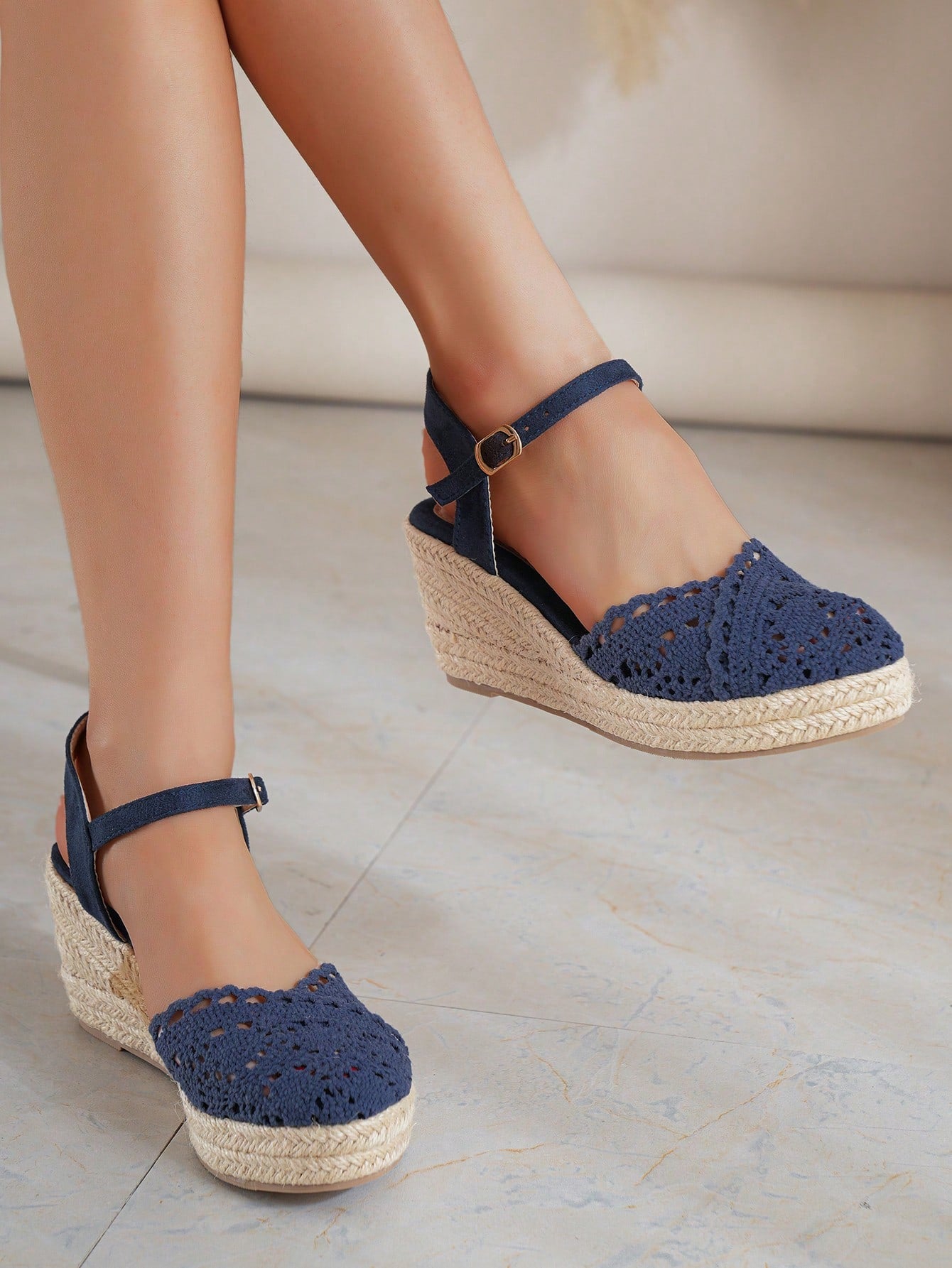 Women Beige Hollow Out Wedge Court Shoes, Ankle Strap Espadrille Wedge Shoes For Vacation