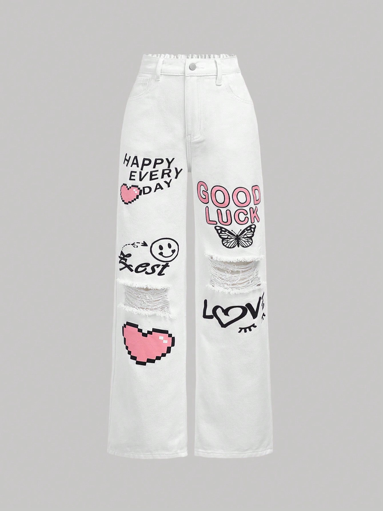 New Arrival Tween Girls' Light Blue Y2K Heart Letter Printed Ripped Snowflake Denim Pants