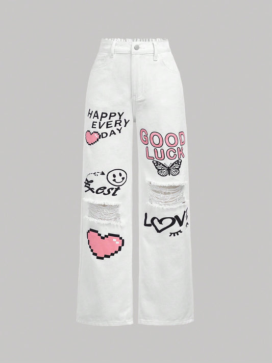 Tween Girl New Arrivals - Y2K Style Heart And Letter Printed Distressed Jeans