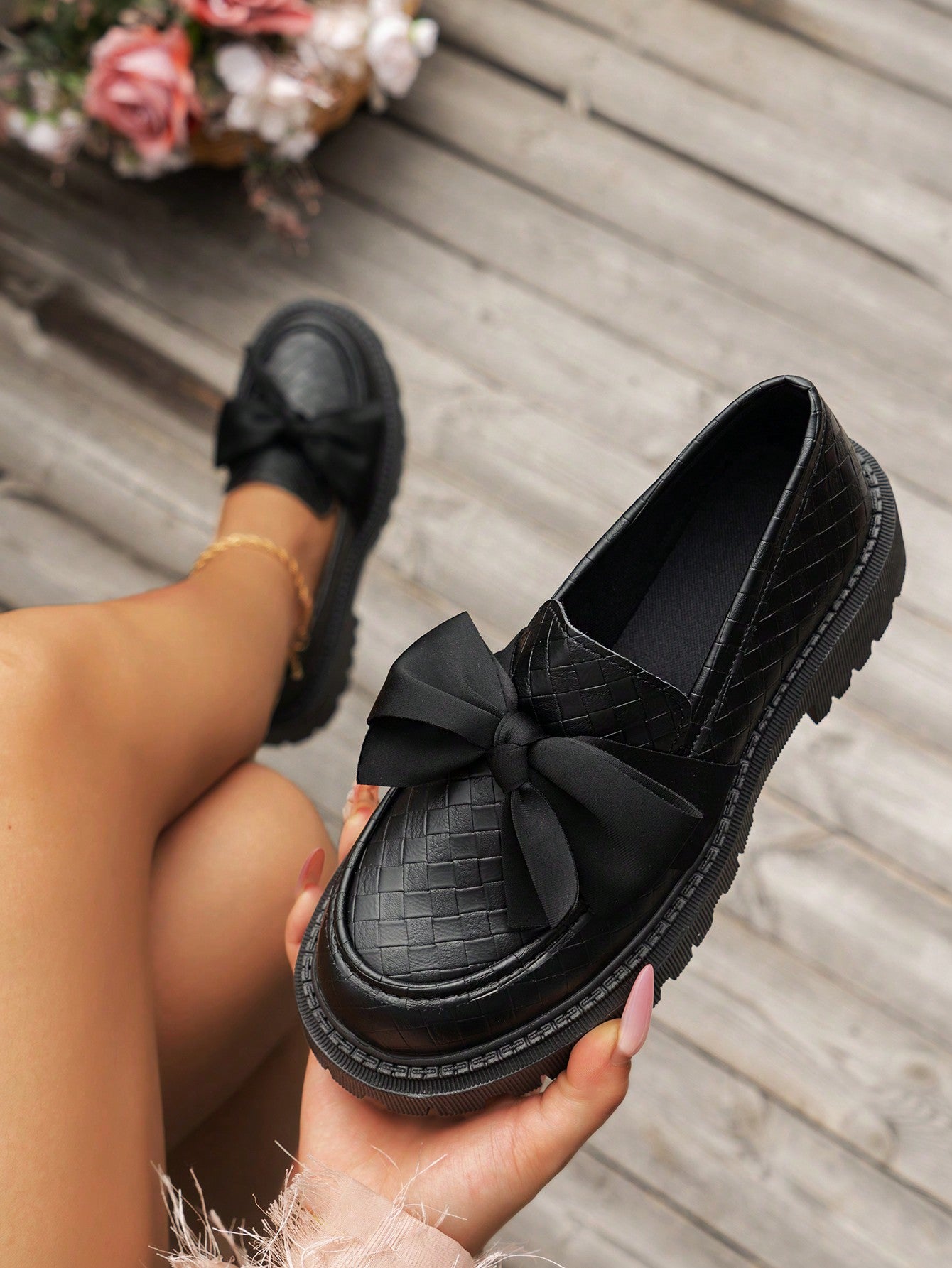 Black Wedges Thick Sole Loafers With Bow, Cloth Pattern, Chinese Style Slip-On, Casual Vintage Round-Toe Shoe