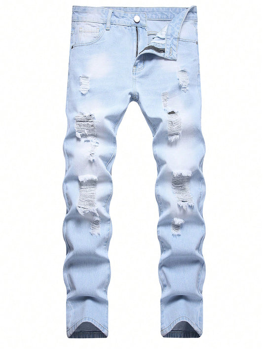 Men Cotton Ripped Frayed Bleach Wash Jeans