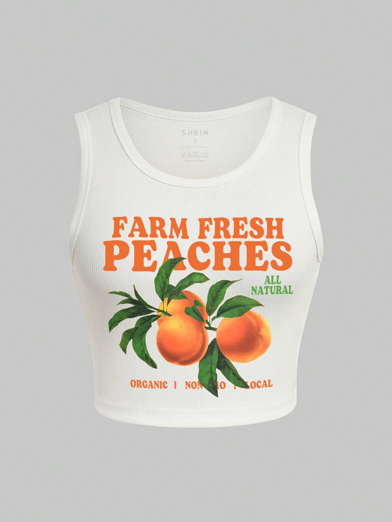 Summer Casual Orange/Letter Printed Tank Top FARM FRESH PEACHES ORGANIC I NON 10 LOCAL