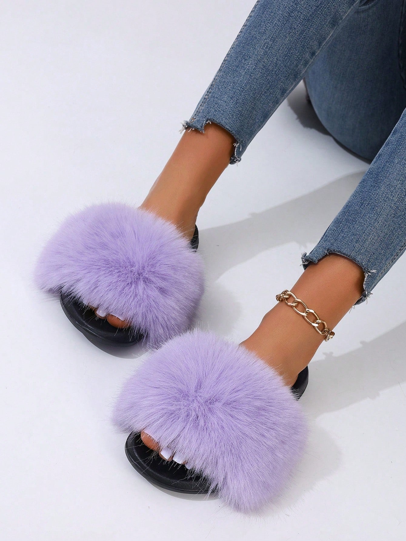 Women Summer Faux Fur Resistant Fluffy Outdoor Flat Sandals Casual Office Home Slippers