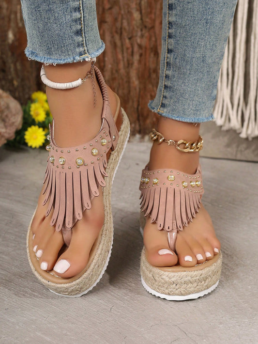 2024 Summer New Arrival Women Thick-Soled Fringed Sandals, Pink