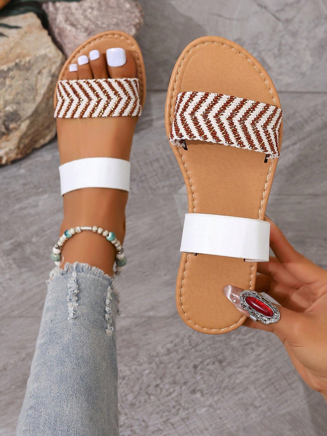 Korean Style Casual Flat Sandals For Women, Open Toe, Spring/Summer/Autumn, New Woven Roman Beach Resort Shoes, Fashionable Flat French Shoe With Skirt, Suitable For Beach, Apartment, White/Beige/Black/Orange/Purple/Grey/Gold/Silver/Blue/Green/Pink/Brown/