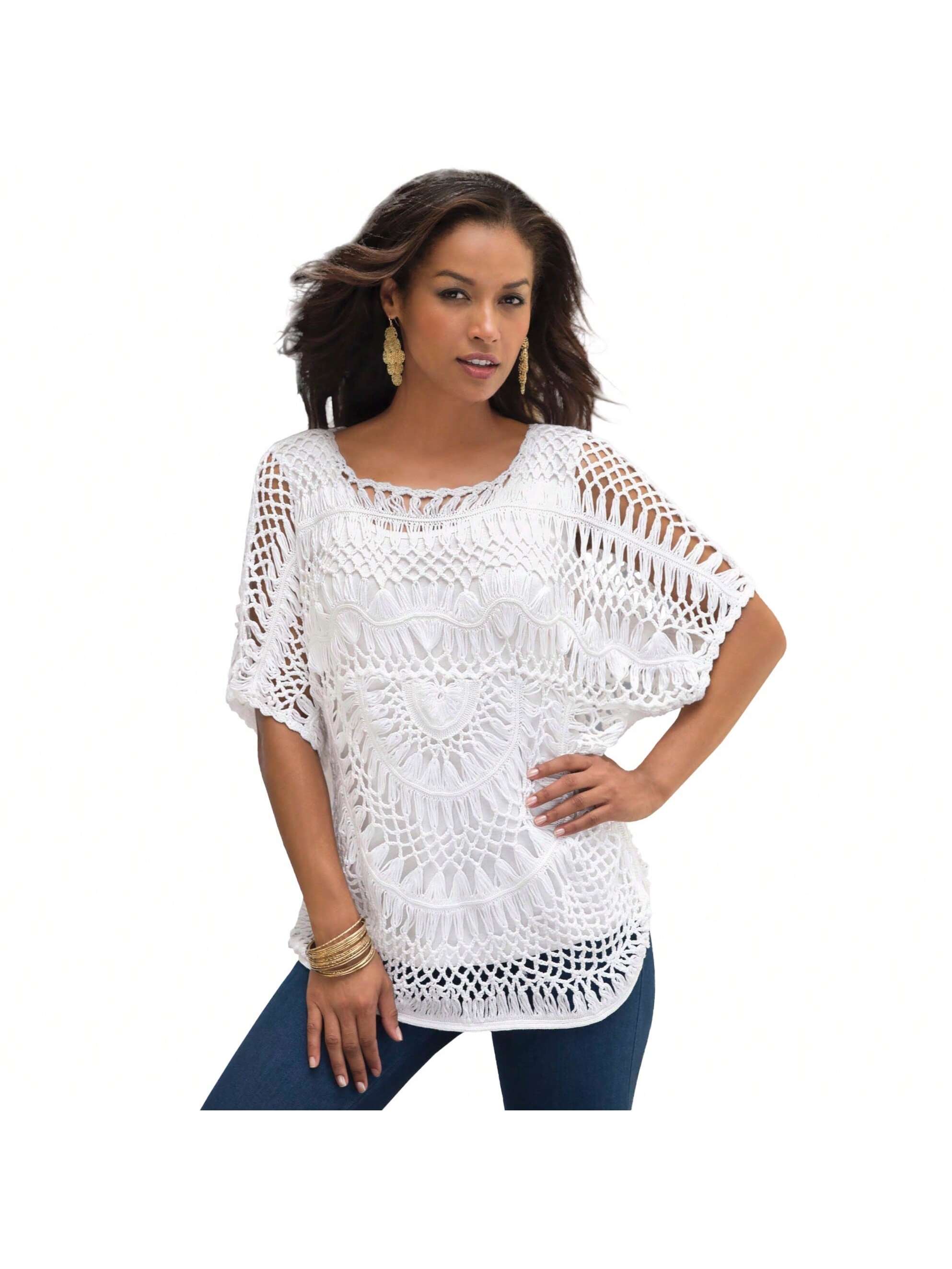 Roaman's Women's Plus Size Pullover Crochet Sweater